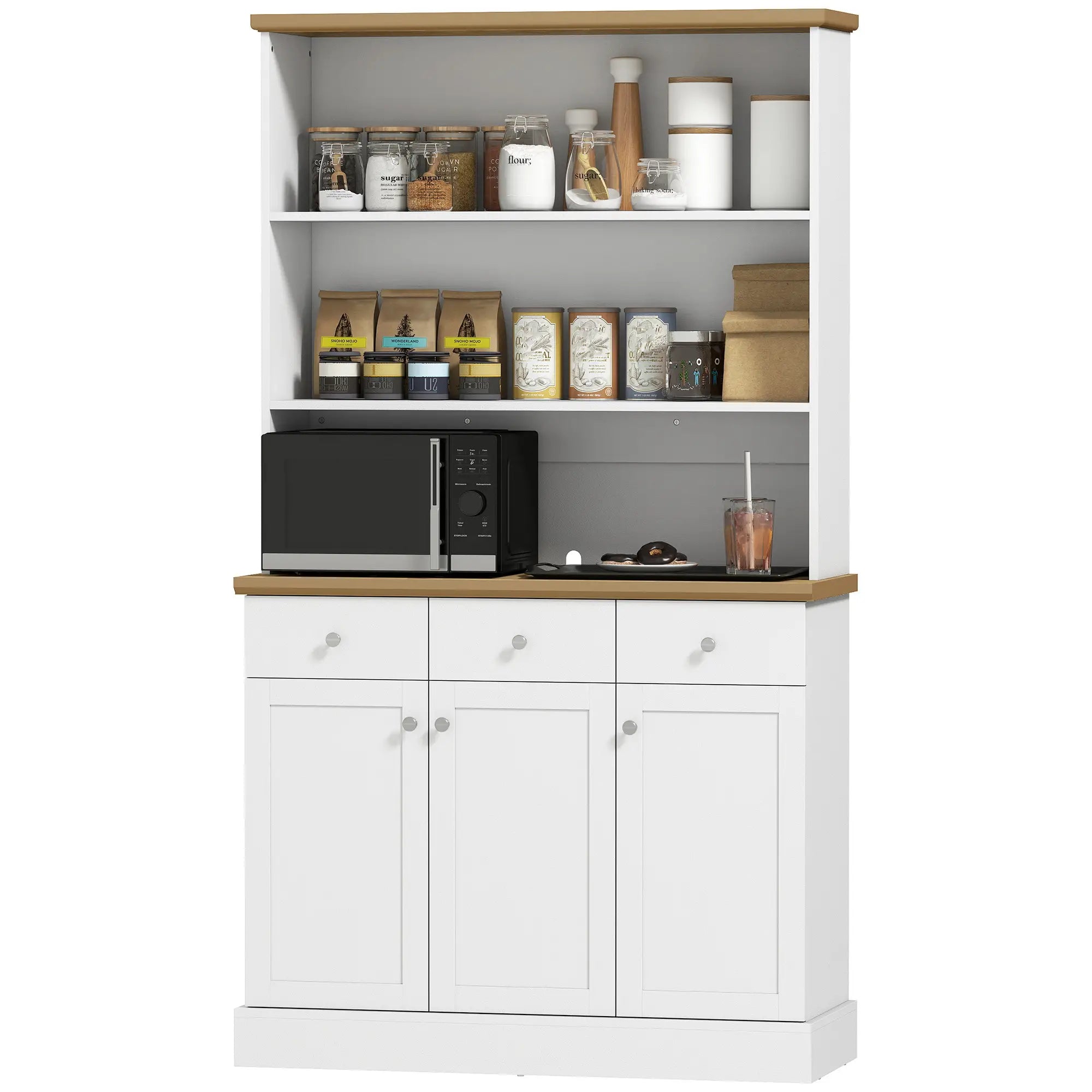 Kitchen Pantry Buffet Server Hutch, Storage Sideboard with Drawers, Cabinets Kitchen Pantry Cabinets White, Wood Grain Veneered Top at Gallery Canada