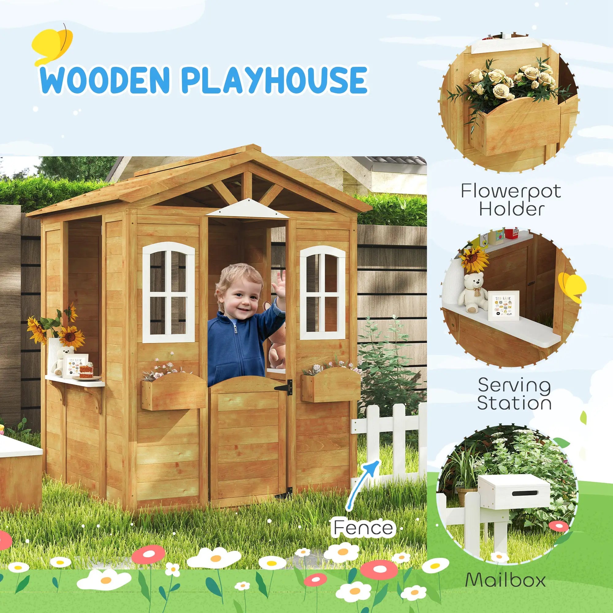 Kids Wooden Playhouse, Door Windows, Mailbox, Flower Pot, Bench, Yellow Play Houses at Gallery Canada
