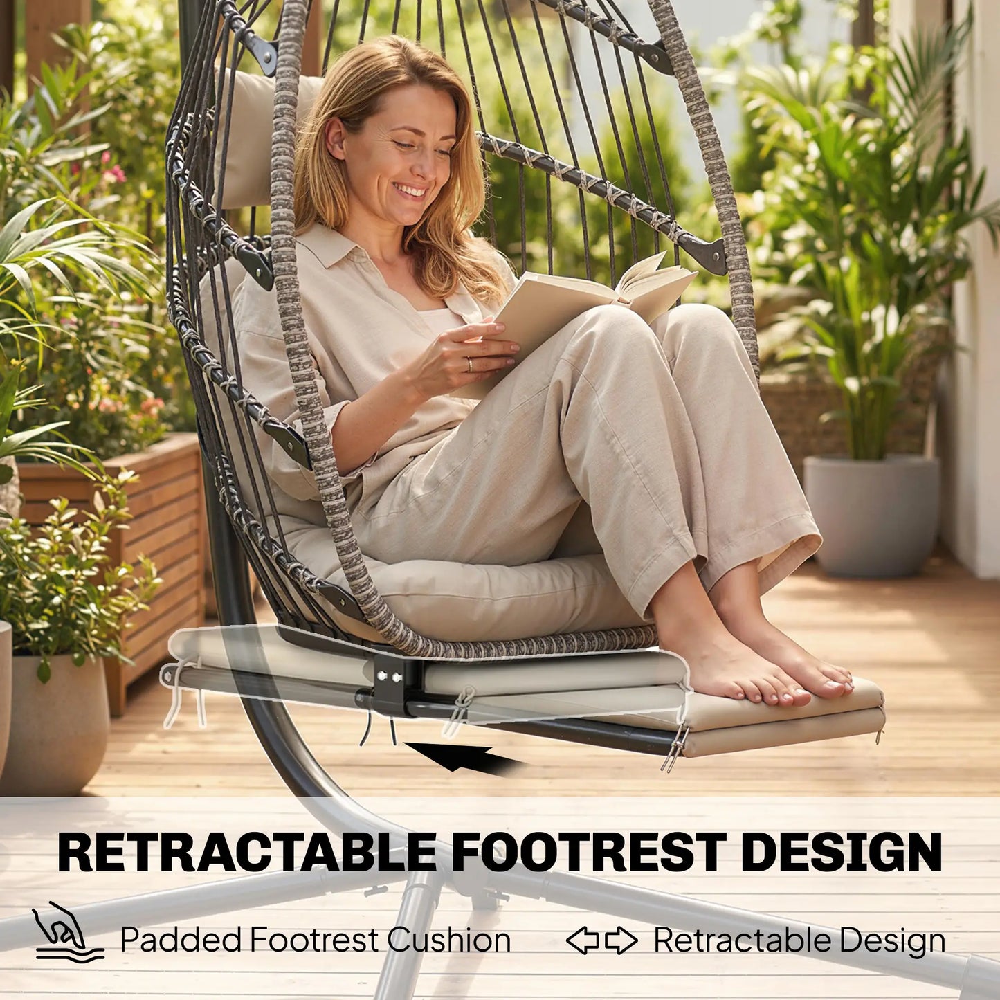 Outdoor Hanging Egg Chair, Retractable Footrest, Metal Stand, Light Grey Patio Swings with Stand at Gallery Canada