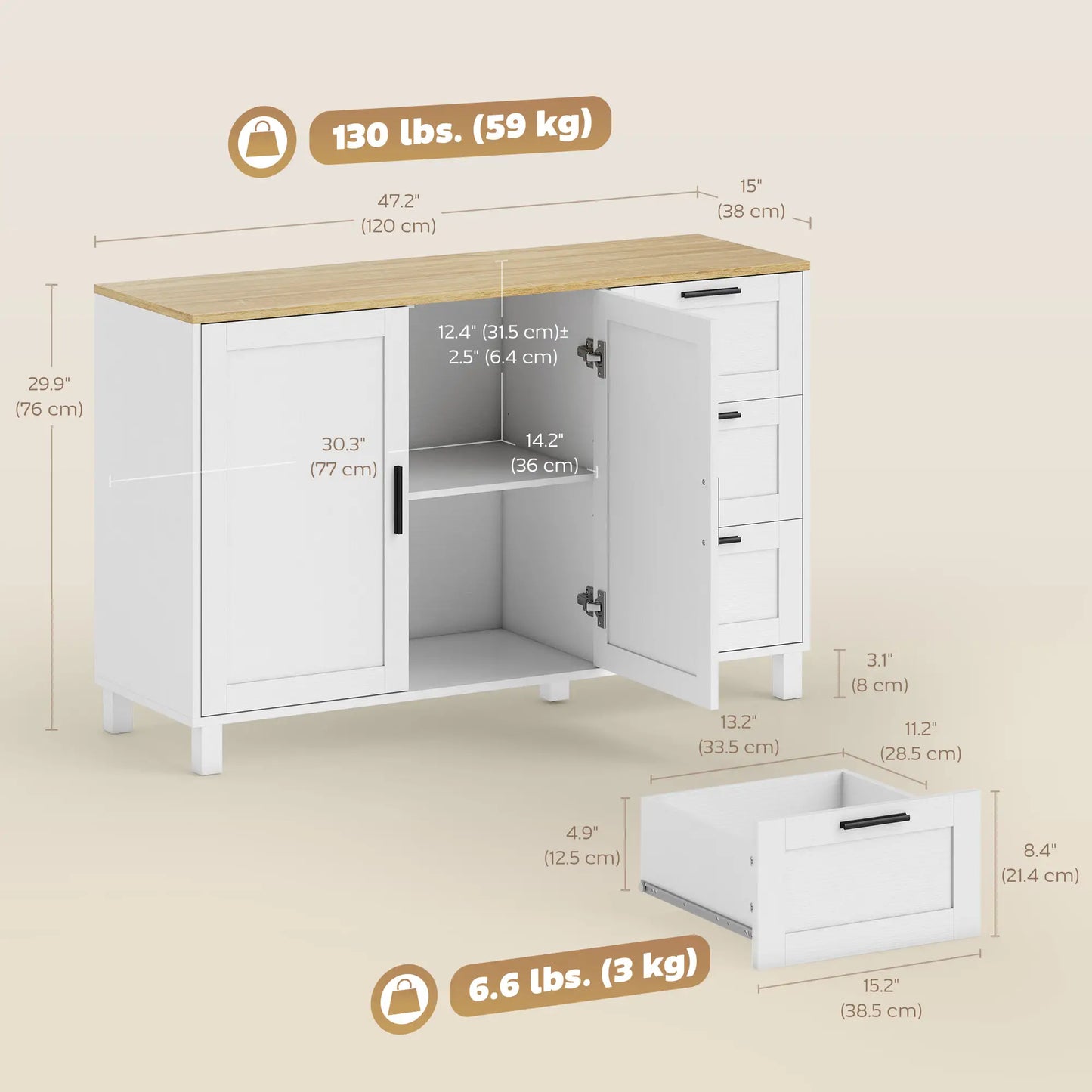 Buffet Cabinet with Soft Close Doors, Modern Sideboard with 3 Drawers, White Bar Cabinets at Gallery Canada