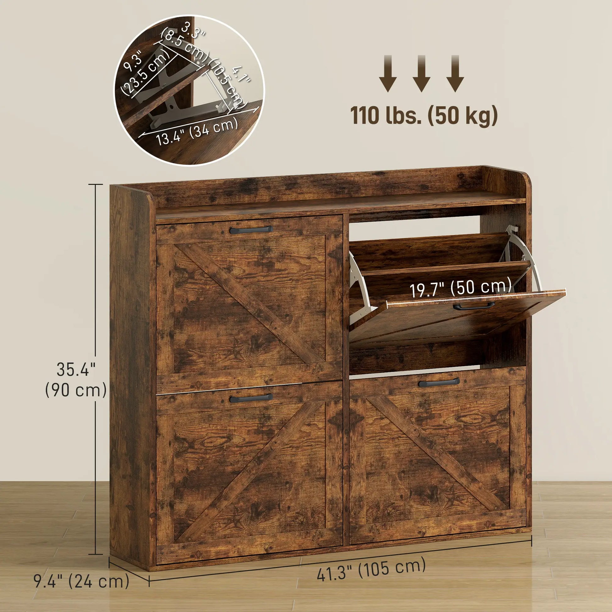 Narrow Shoe Storage Cabinet, 4 Flip Drawers, Adjustable Shelves, 16 Pair, Rustic Brown Shoe Storage Cabinets & Racks at Gallery Canada