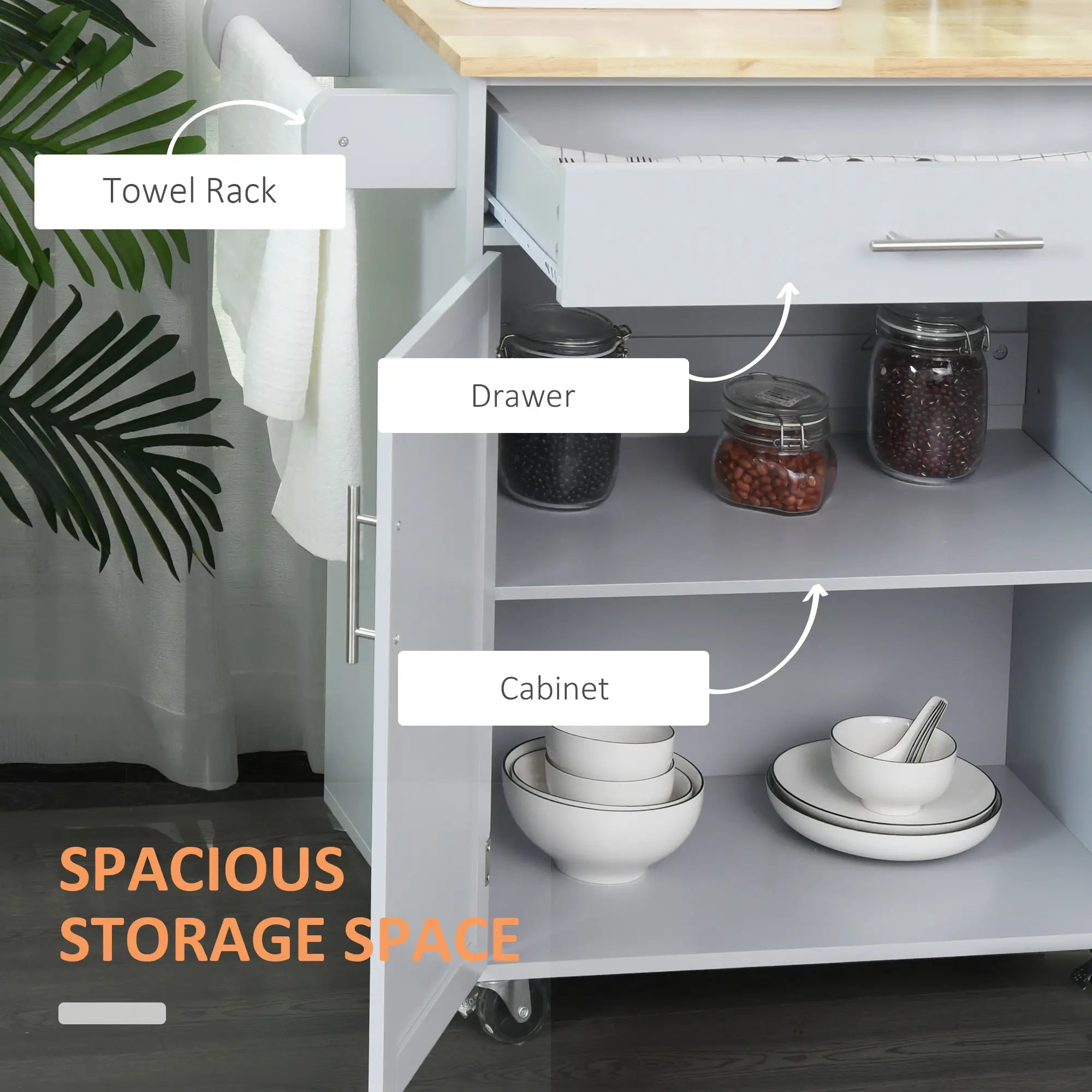 Rolling Kitchen Island Cart, Wood Top, Storage Drawer, Towel Bar, Shelves, Grey Kitchen Islands & Kitchen Carts at Gallery Canada