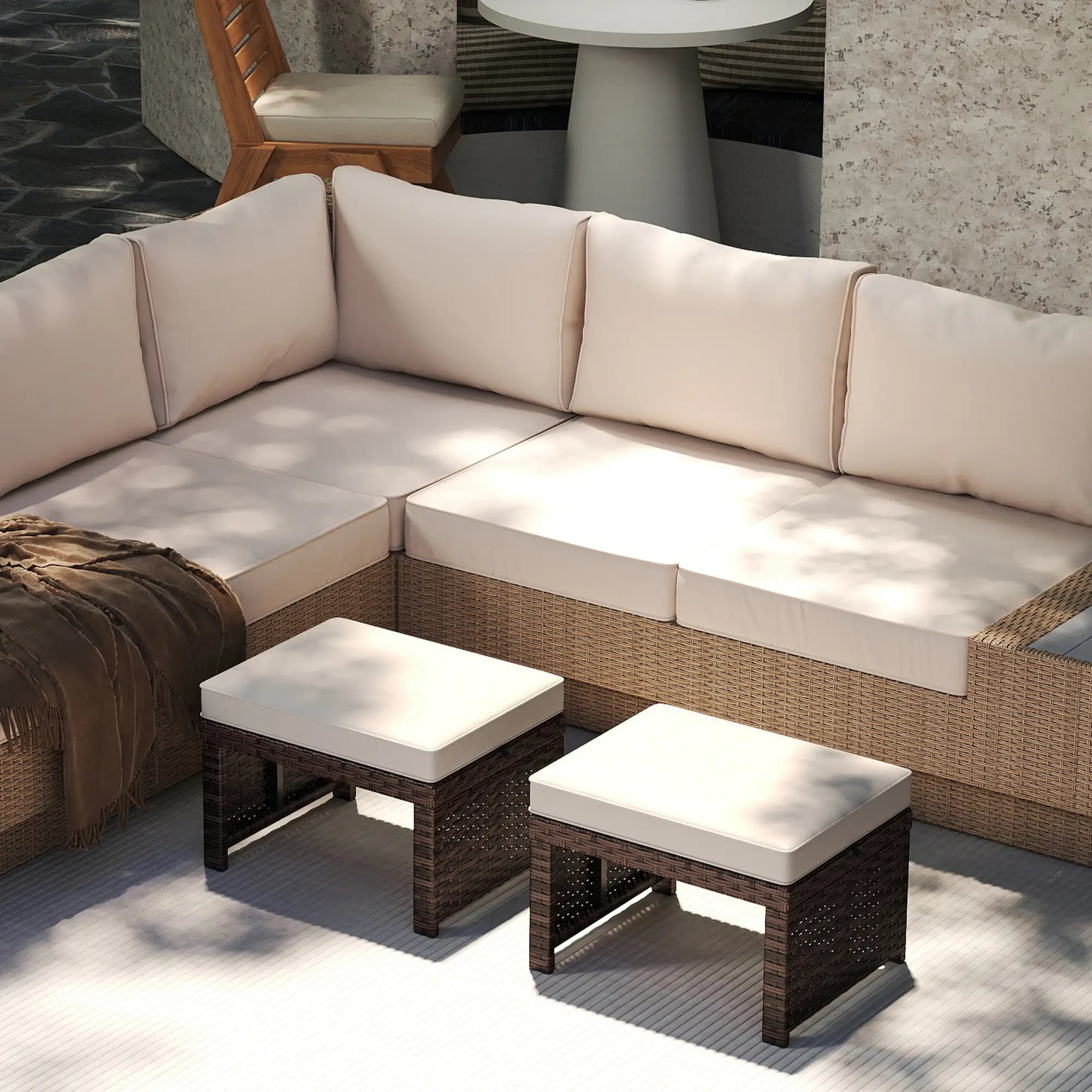 2 Wicker Outdoor Ottomans, Removable Cushions, Rattan Seating, Khaki Patio Furniture Sets at Gallery Canada