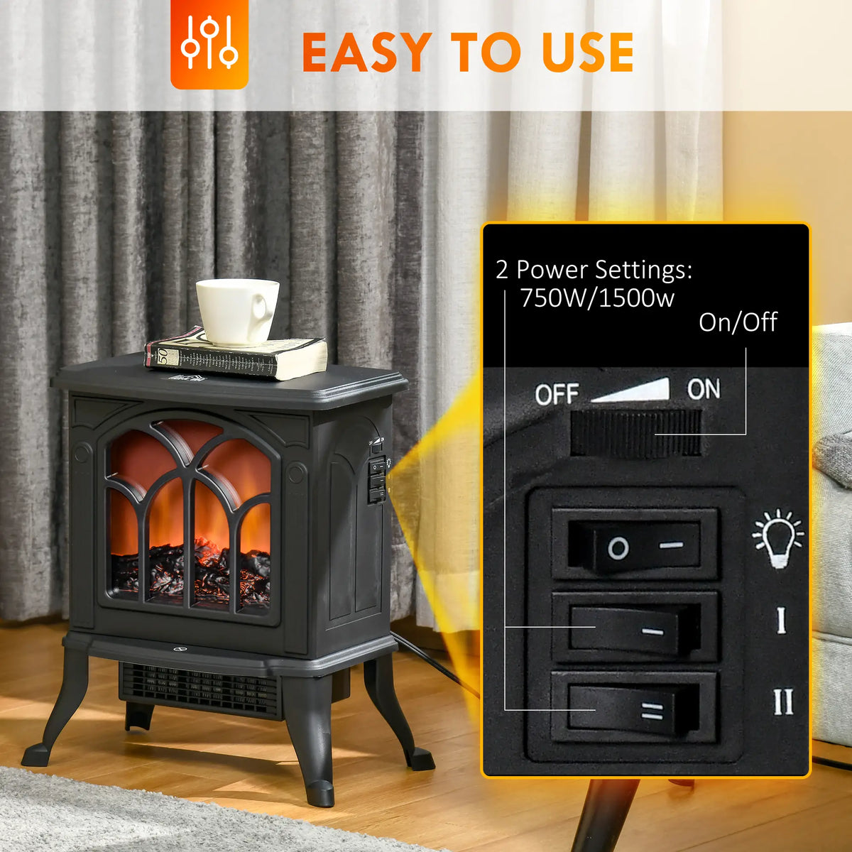 Electric Fireplace Heater, Freestanding Stove, Realistic Flame, Overheat Protection, 750W/1500W, Black Electric Fireplaces at Gallery Canada