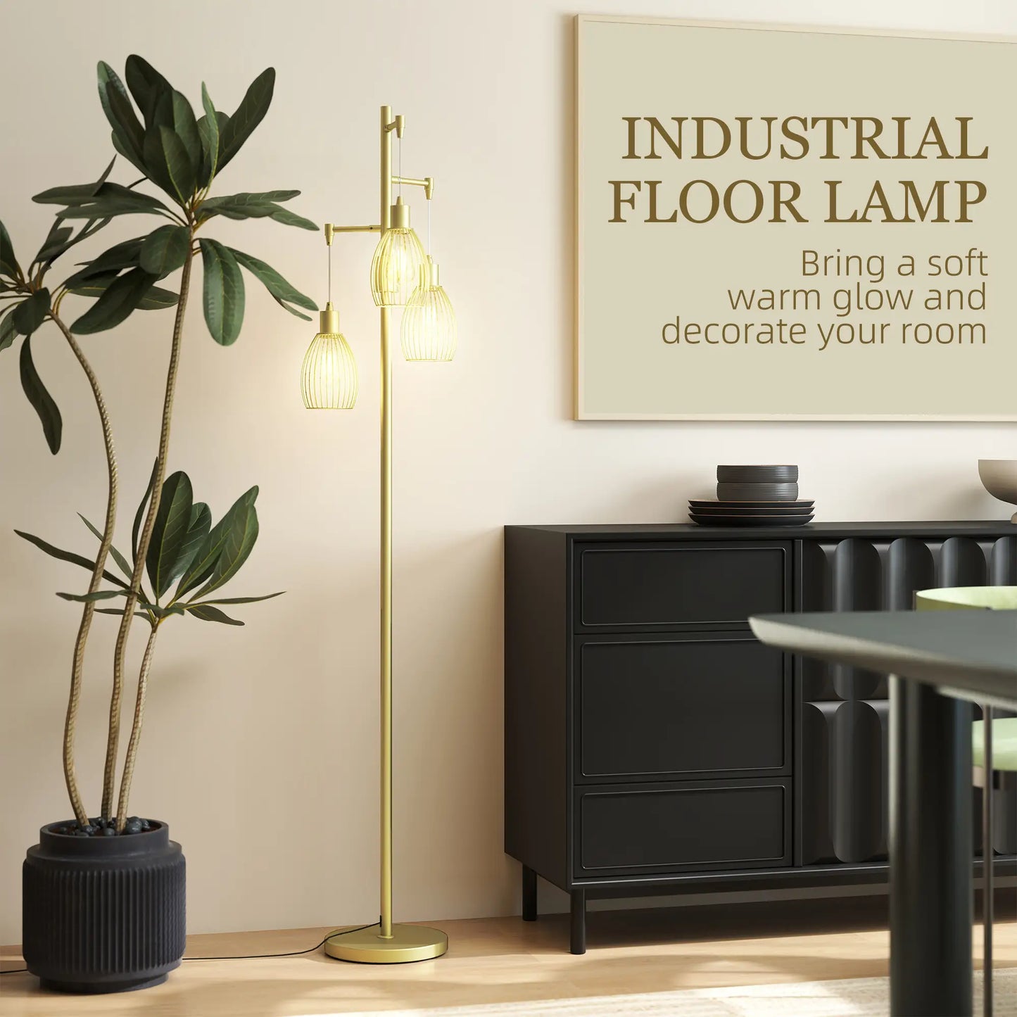 Industrial Floor Lamp, 3 Hanging Wire Lampshades, Dimmable, Gold Floor Lamps & Ceiling Fan Lights at Gallery Canada
