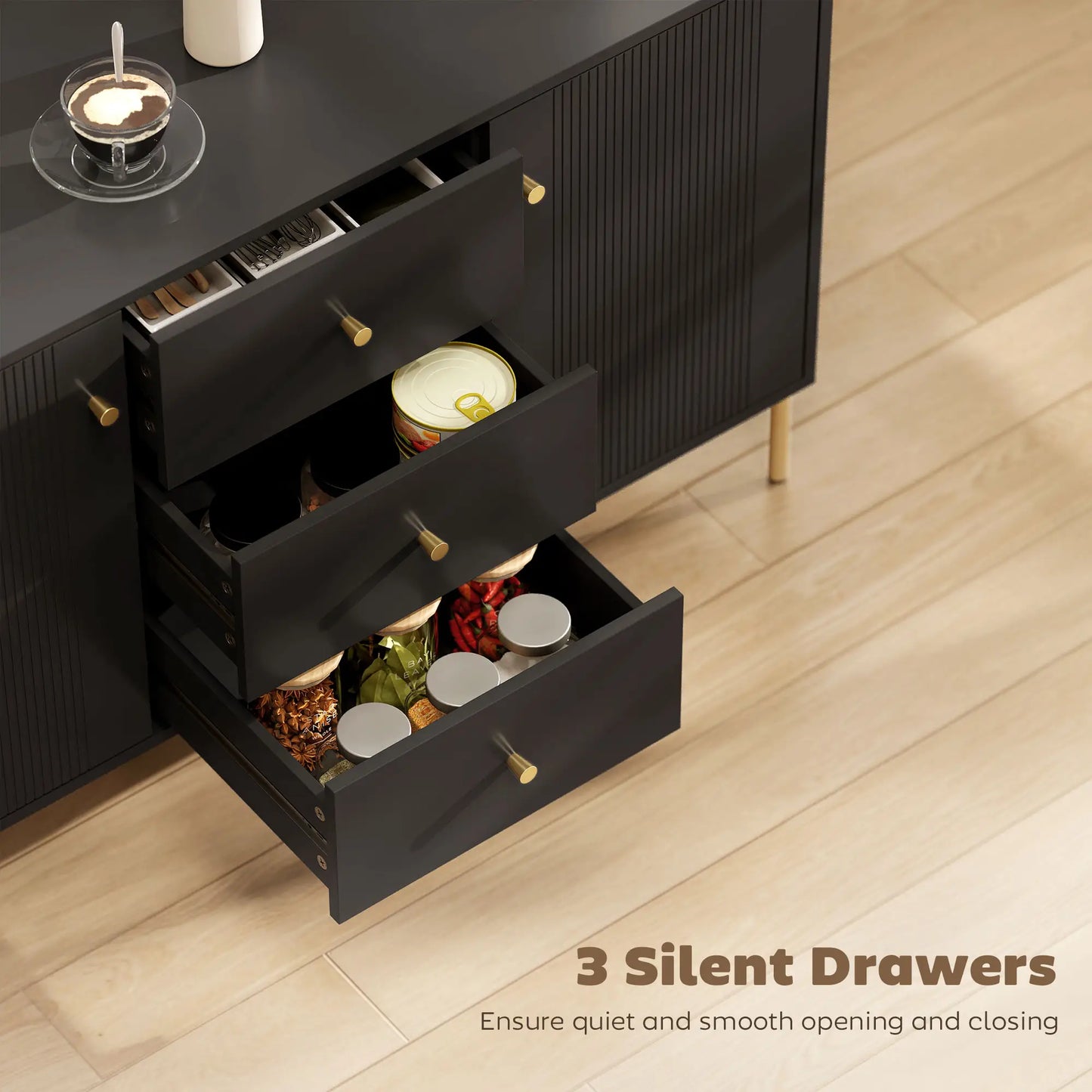 Buffet Cabinet, Modern Sideboard with 3 Drawers and 2 Shelves, Black Storage Cabinets at Gallery Canada