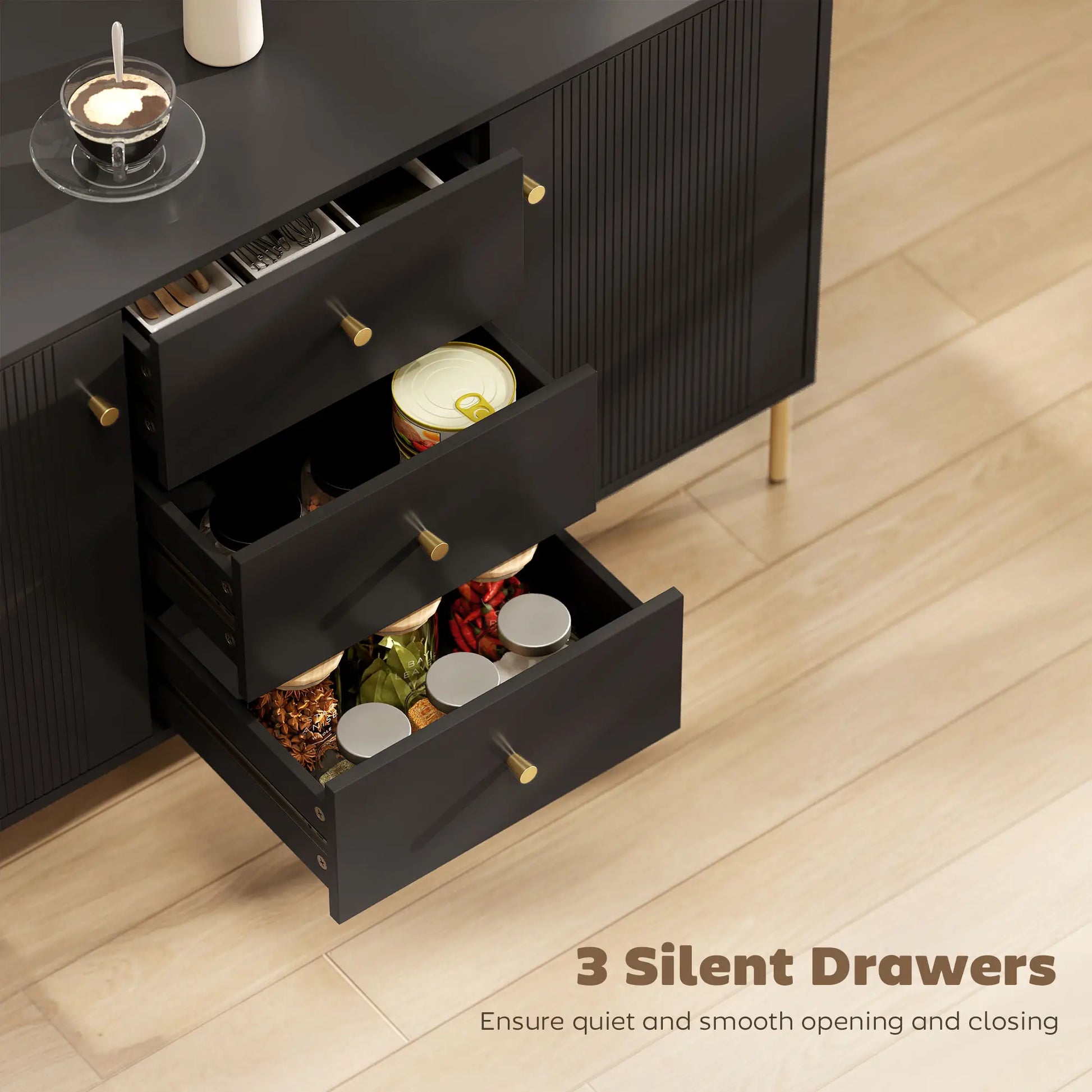 Buffet Cabinet, Modern Sideboard with 3 Drawers and 2 Shelves, Black Storage Cabinets at Gallery Canada