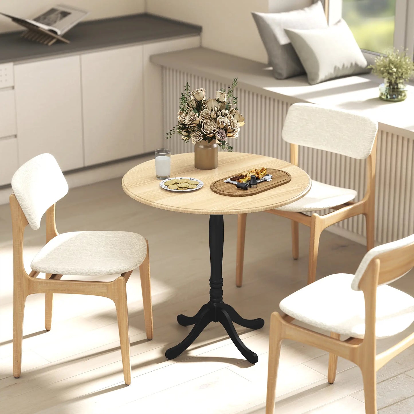 Modern Round Dining Table, 80cm, Natural Wood and Black, Black