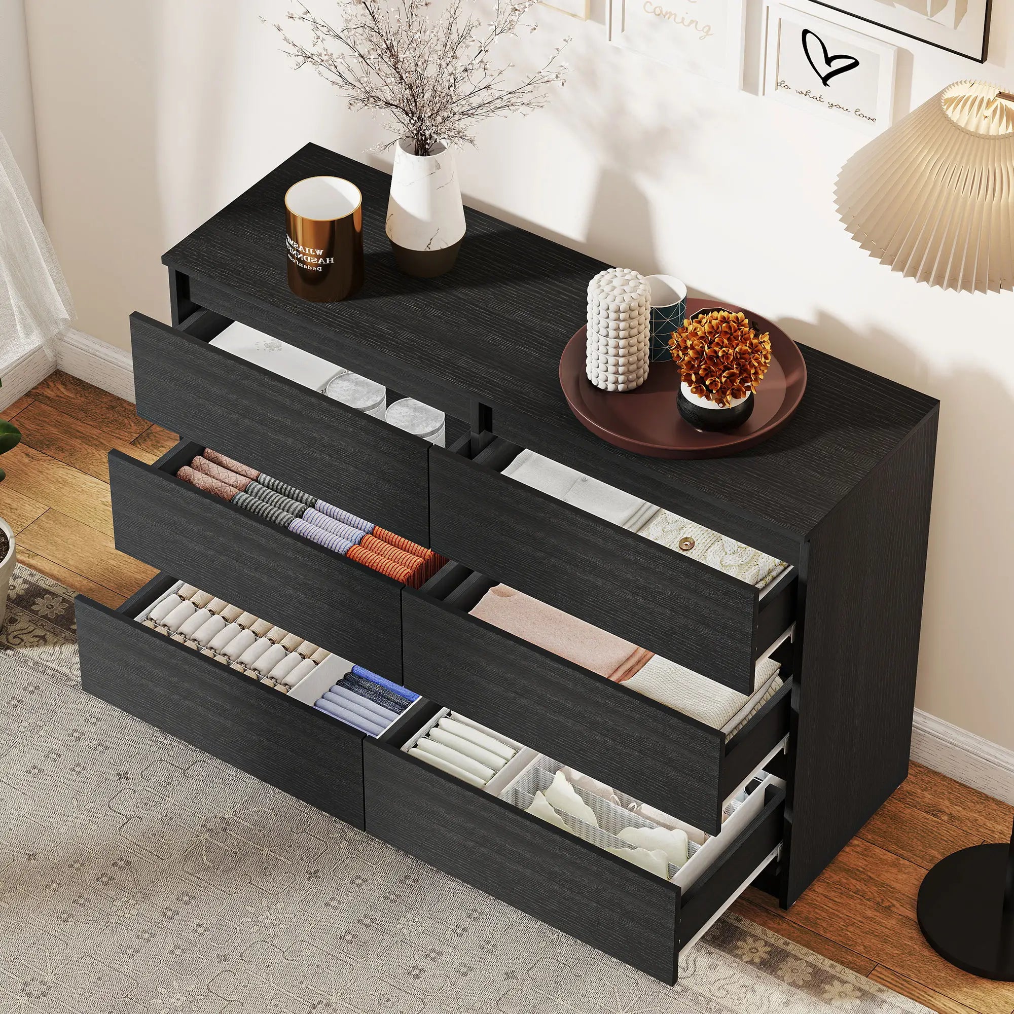 Wide 6 Drawer Dresser, Modern Clothes Storage Organizer, Black Storage Cabinets at Gallery Canada