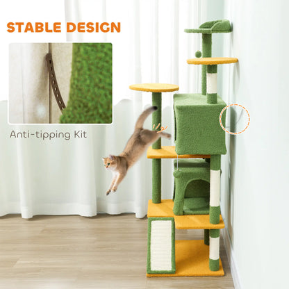 63" Cat Tree, Multi-Level Tower, Scratching Posts, Condos, Bed, Green