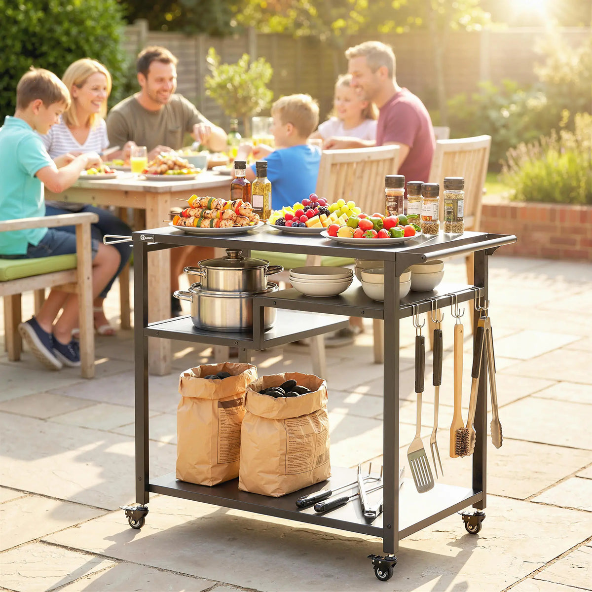 Outdoor Grill Cart, Three-Shelf Pizza Oven Stand With Hooks, Wheels, Black Outdoor Grill Carts at Gallery Canada
