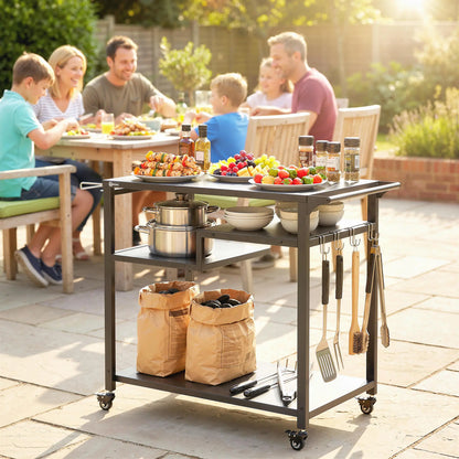 Outdoor Grill Cart, Three-Shelf Pizza Oven Stand With Hooks, Wheels, Black Outdoor Grill Carts at Gallery Canada