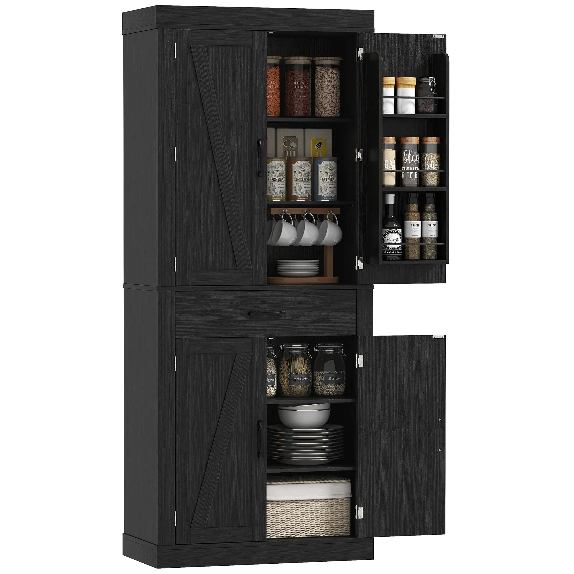 72 Inch Kitchen Pantry Cabinet, Farmhouse Storage, 4 Barn Doors, Black Kitchen Pantry Cabinets at Gallery Canada