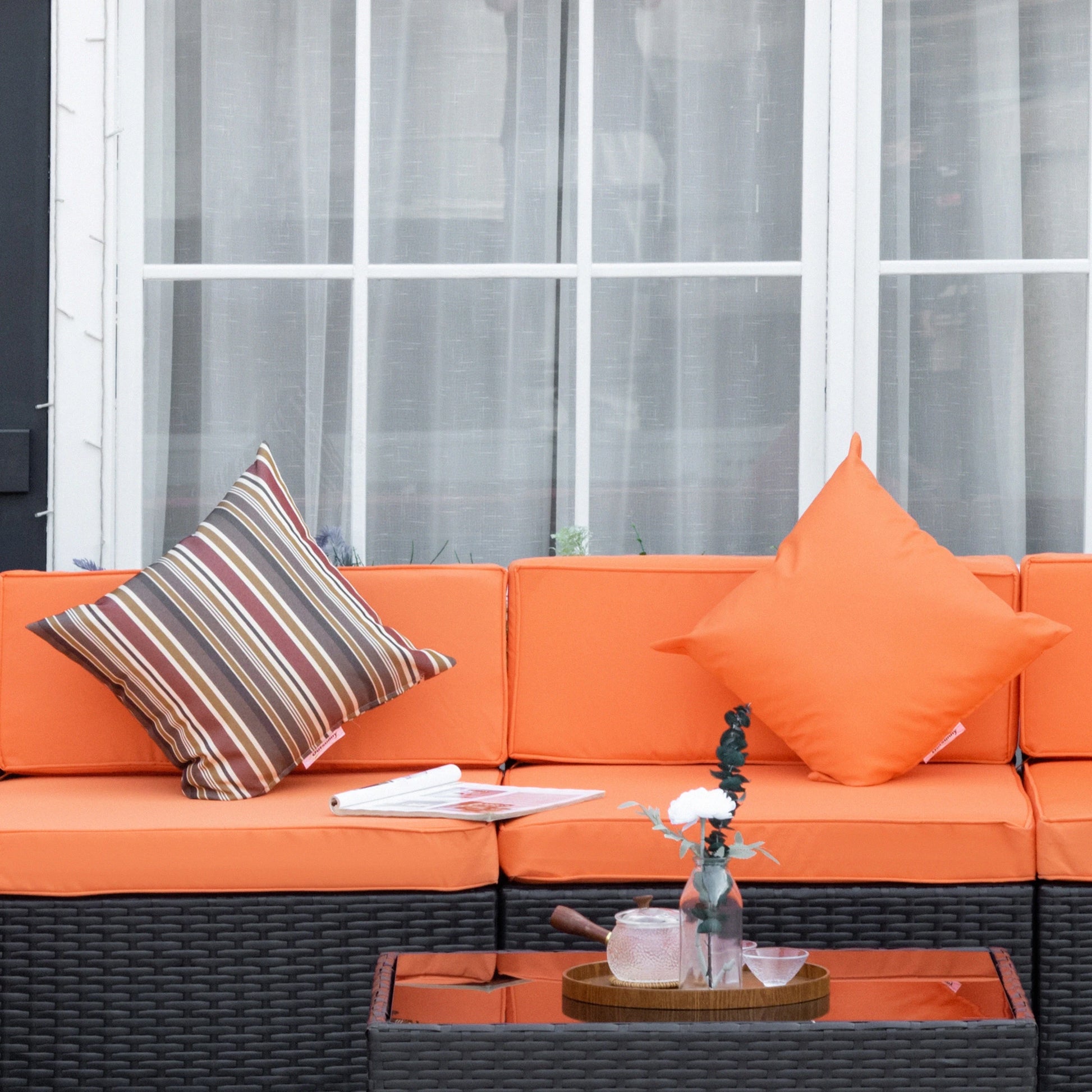 7pcs Garden Wicker Sectional Set, Tea Table, Patio Rattan Sofa, Cushion, Outdoor Deck, Orange Patio Furniture Sets at Gallery Canada