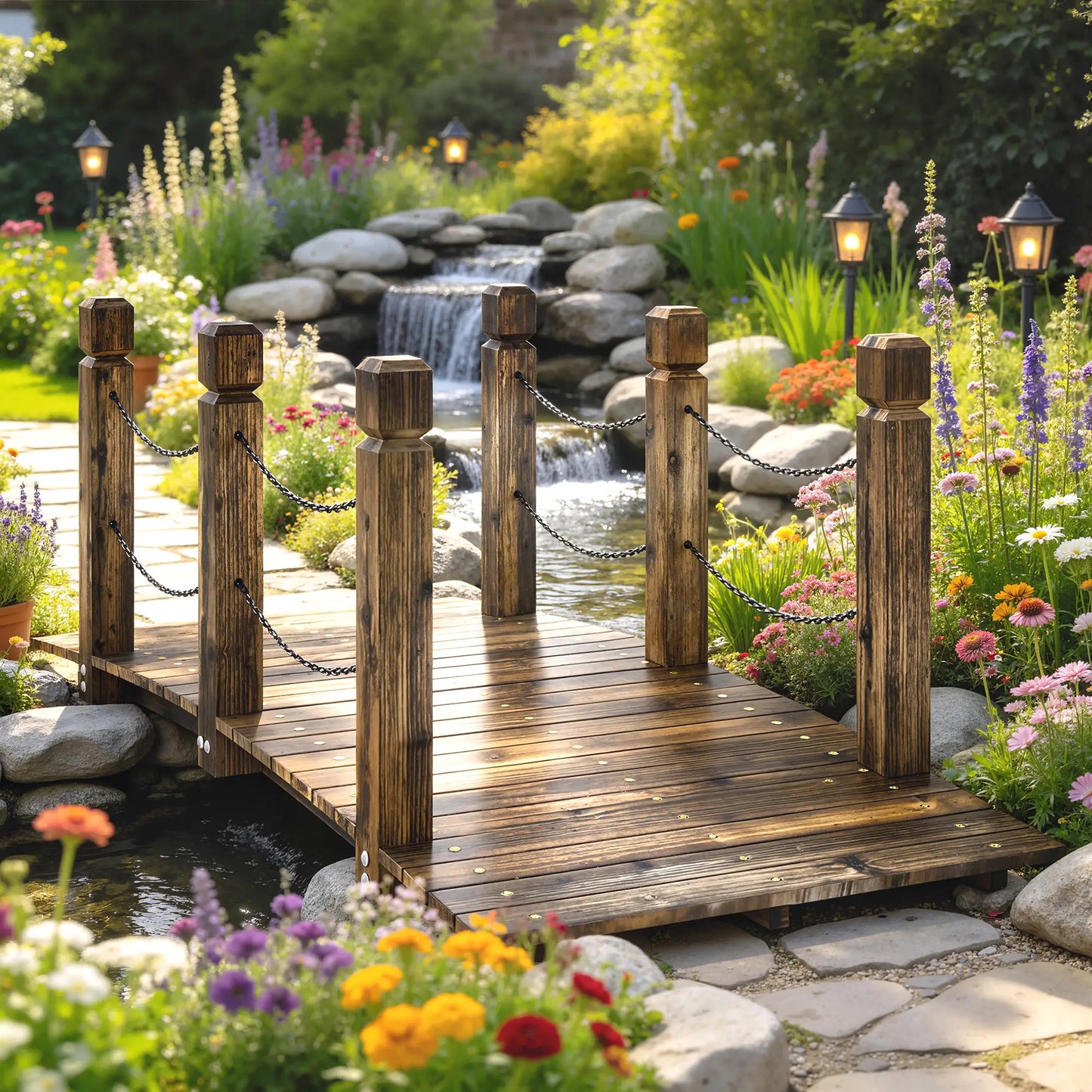 Garden Bridge, Carbonized Wood, Chain Handrails, 5ft Garden Decor at Gallery Canada