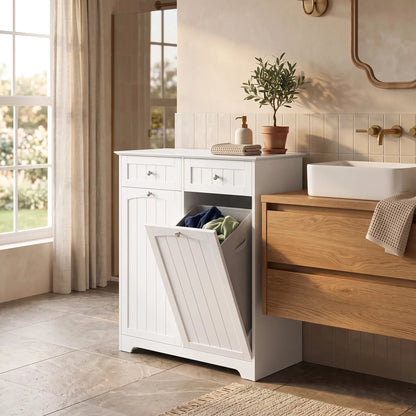 Laundry Cabinet, 2 Removable Bags, Tilt-Out Hamper, 2 Drawers, White