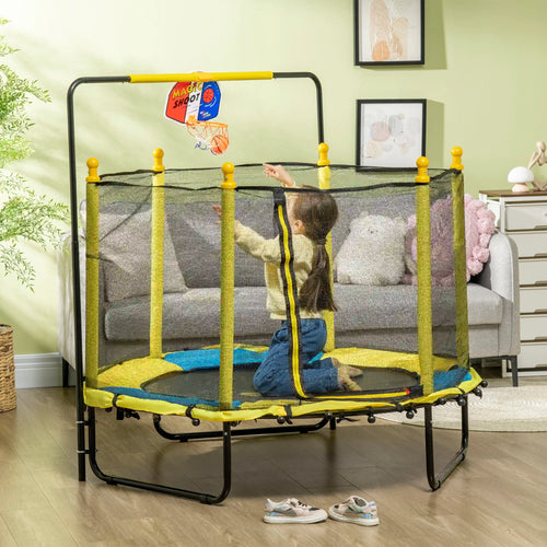 4.6ft Kids Trampoline with Basketball Hoop, Horizontal Bar, Yellow