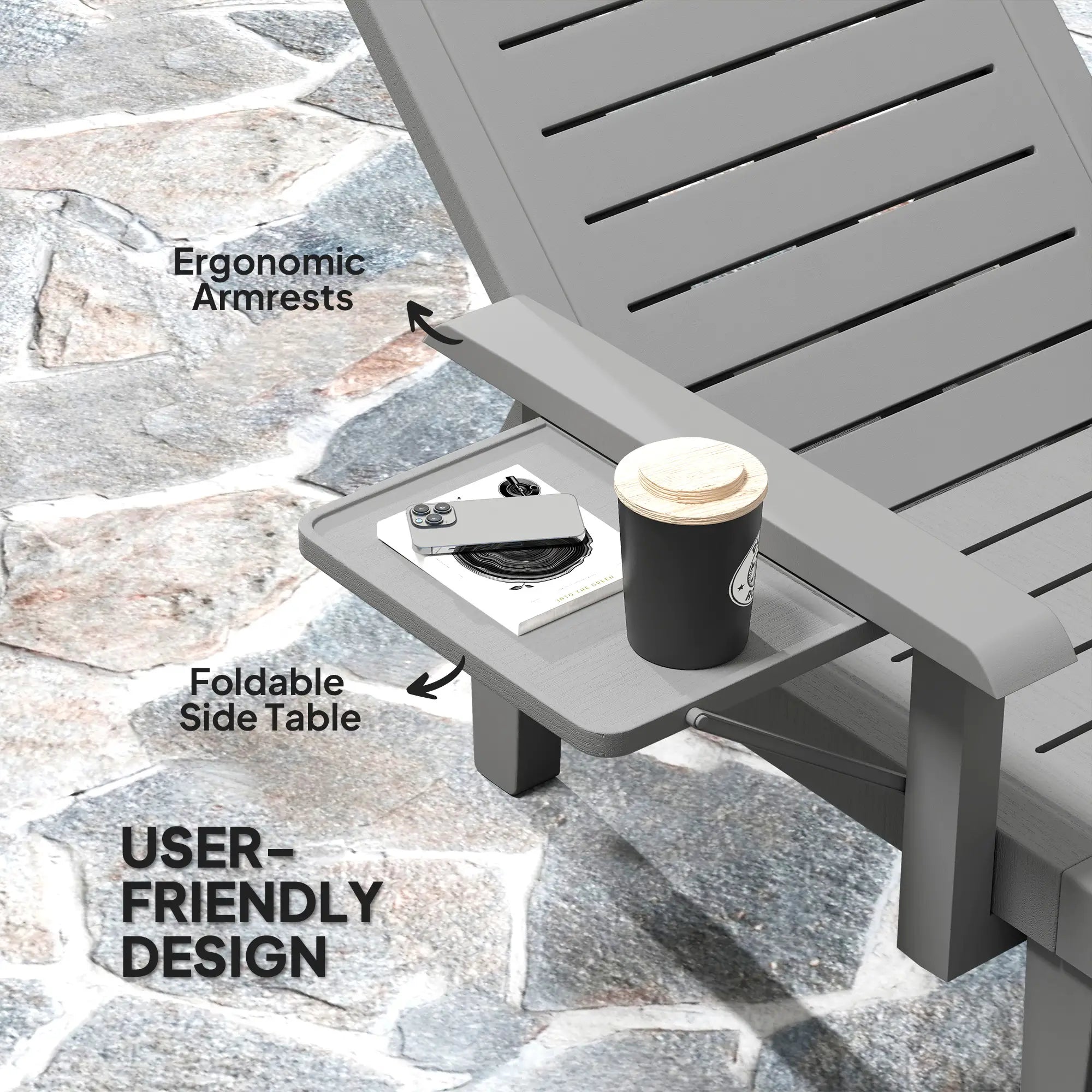 2 Tanning Chairs, 5 Position Adjustable, Foldable Side Table, Dark Grey Lounger Chairs at Gallery Canada