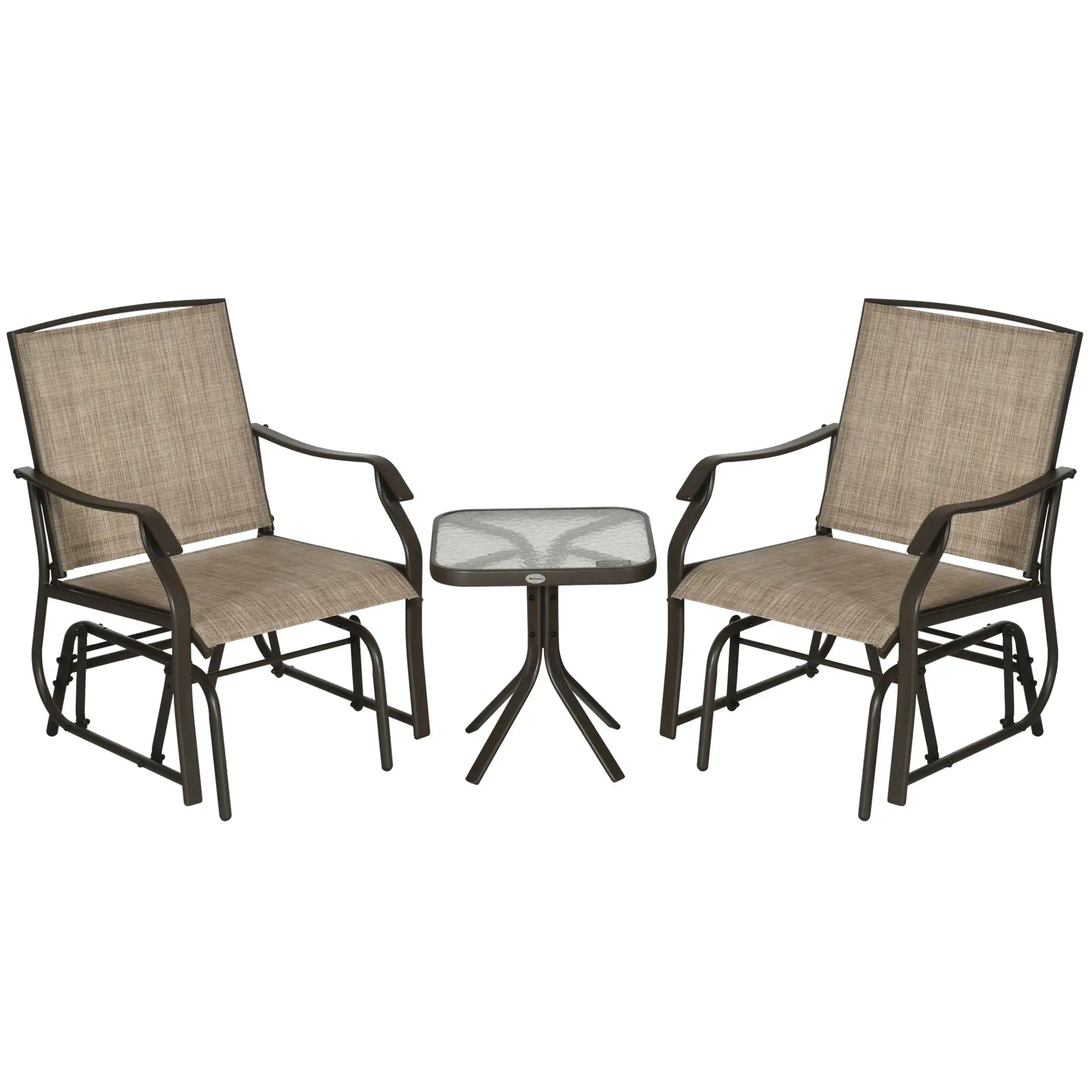 3 Piece Patio Glider Set, Outdoor Gliders, Mesh Seat, Glass Table, Mixed Brown, Brown Outdoor Gliders Brown Frame, Light Mixed Brown Fabric at Gallery Canada