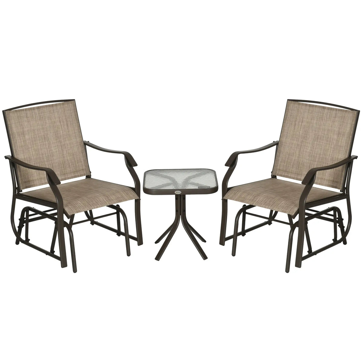 3 Piece Patio Glider Set, Outdoor Gliders, Mesh Seat, Glass Table, Mixed Brown, Brown Outdoor Gliders Brown Frame, Light Mixed Brown Fabric at Gallery Canada