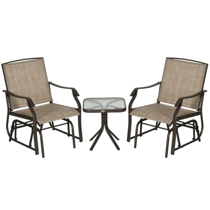3 Piece Patio Glider Set, Outdoor Gliders, Mesh Seat, Glass Table, Mixed Brown, Brown Outdoor Gliders Brown Frame, Light Mixed Brown Fabric at Gallery Canada