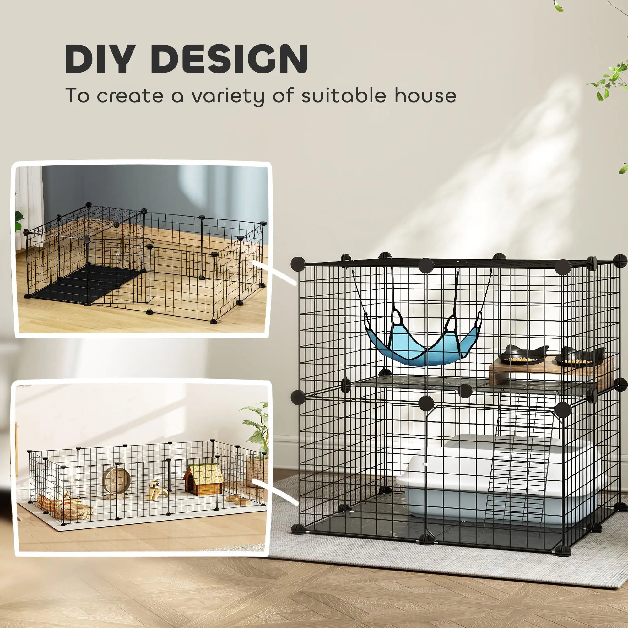 2 Tier Cat Cage, DIY Pet Playpen With 2 Doors, Ladder, Hammock, Perch, Black Outdoor Cat Enclosures at Gallery Canada