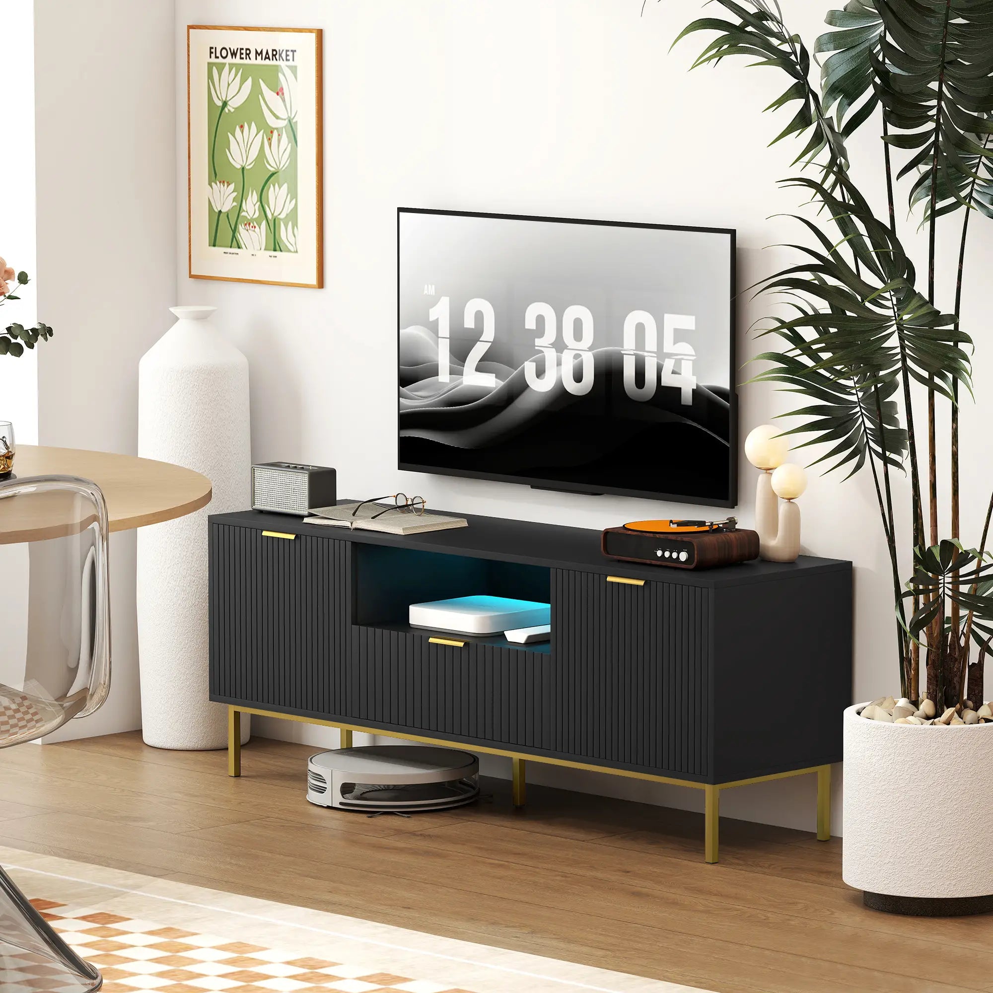 Modern TV Console, 50 Inch, With RGB LED Lights, Soft Close Doors, Black TV Stands at Gallery Canada