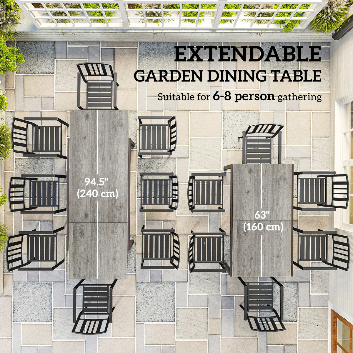 63"-94.5" Extendable Patio Dining Table, Outdoor Dining Table, Steel Frame, Grey Patio Dining Tables at Gallery Canada