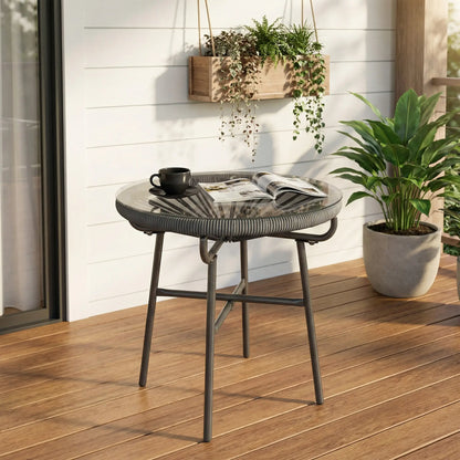 Round Outdoor Rattan Side Table, Tempered Glass Top, Dark Grey Patio Side Tables at Gallery Canada