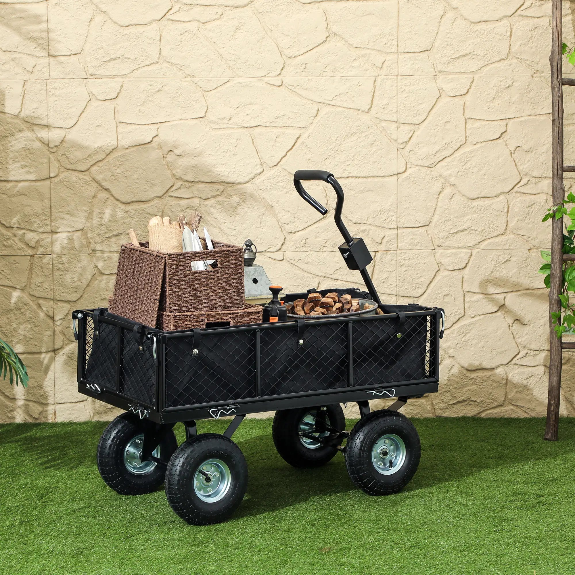 Steel Garden Cart, Utility Wagon, Removable Liner, Quick-Release Sides, 10