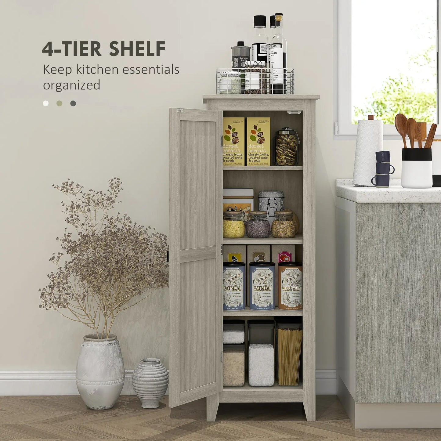 48" Kitchen Pantry Cabinet, Barn Door, Adjustable Shelves, Grey Wood Grain, Grey Kitchen Pantry Cabinets at Gallery Canada