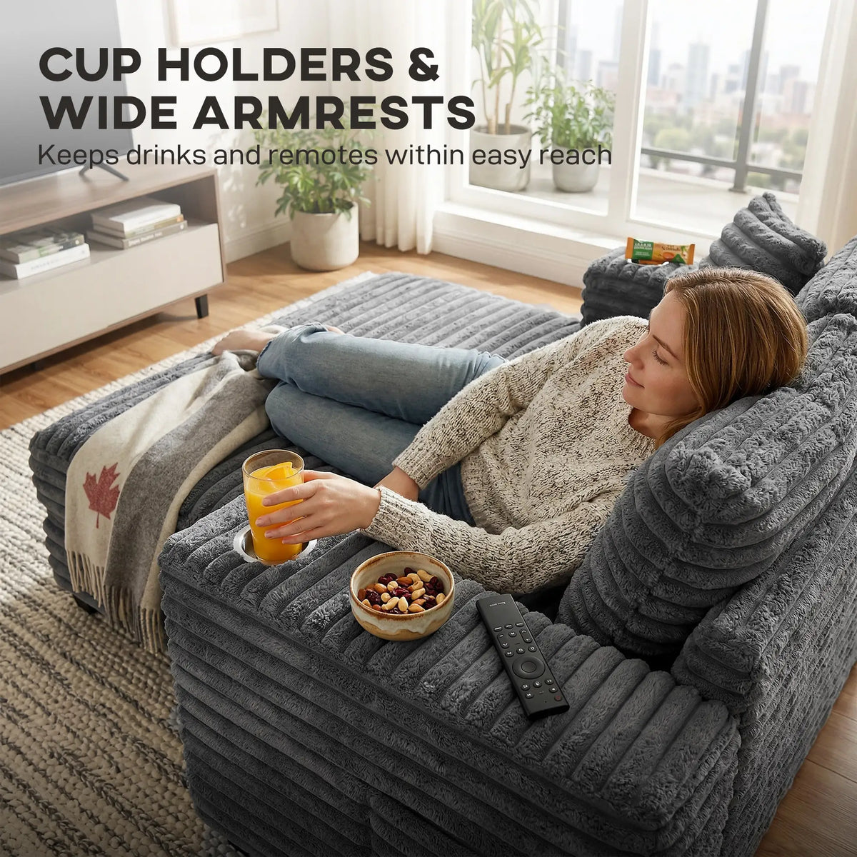 60" Chaise Lounge Chair, Upholstered Sofa Bed with Cup Holders, Grey Sofas & Reclining Chairs at Gallery Canada