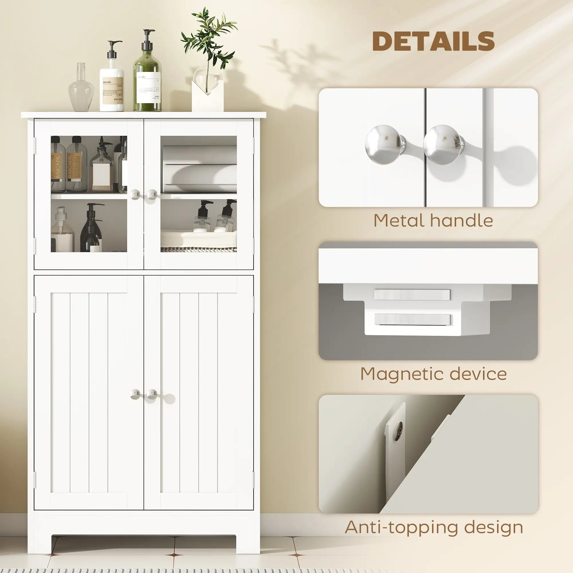 Bathroom Floor Storage Cabinet, Tempered Glass Doors, Adjustable Shelf, White Bathroom Cabinets at Gallery Canada