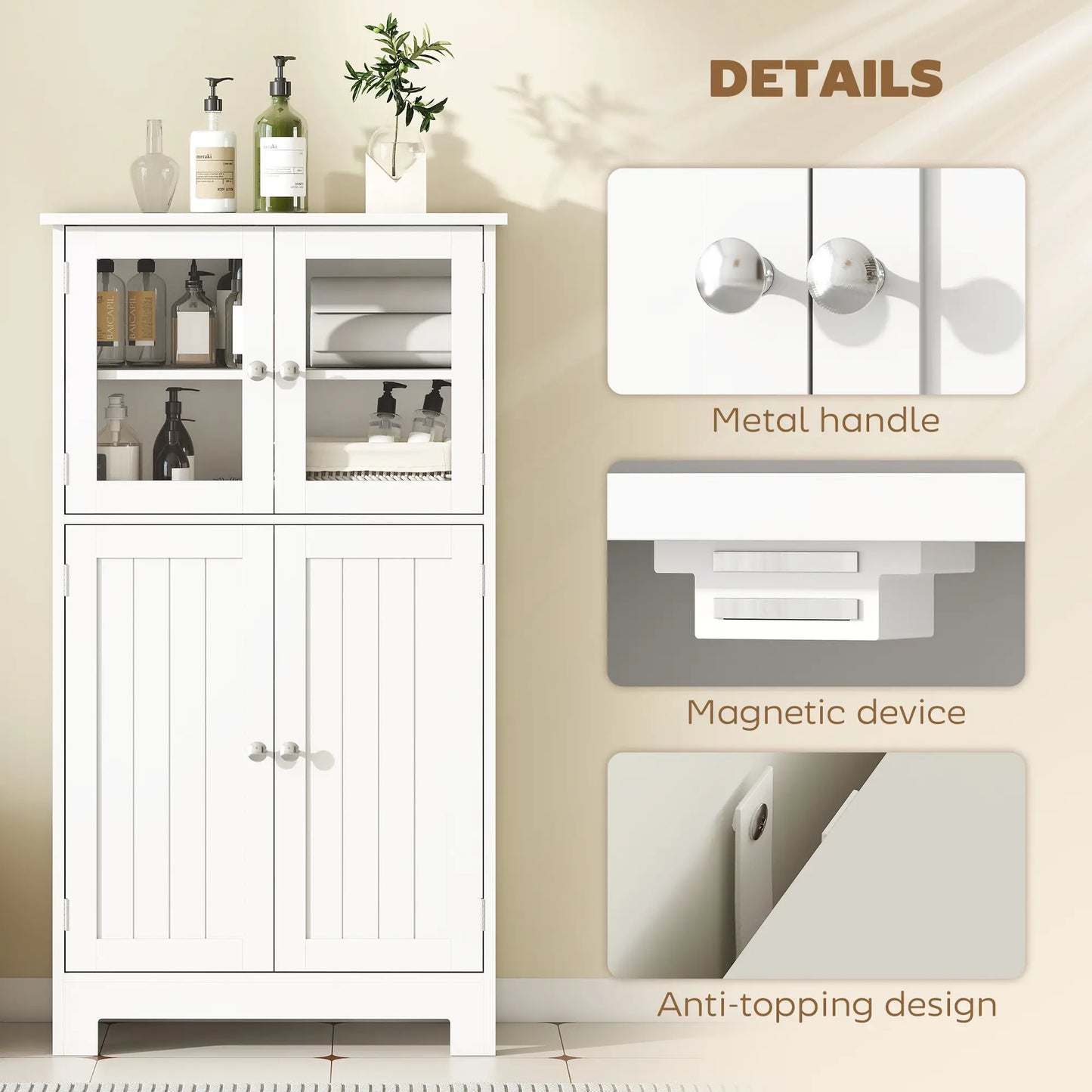 Bathroom Floor Storage Cabinet, Tempered Glass Doors, Adjustable Shelf, White Bathroom Cabinets at Gallery Canada