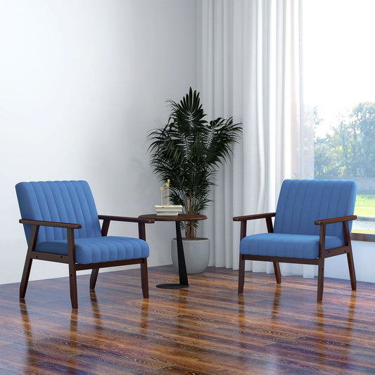 Set of 2 Accent Chairs, Modern Upholstered Armchairs for Living Room with Wooden Legs and Tufting Design, Dark Blue - Gallery Canada