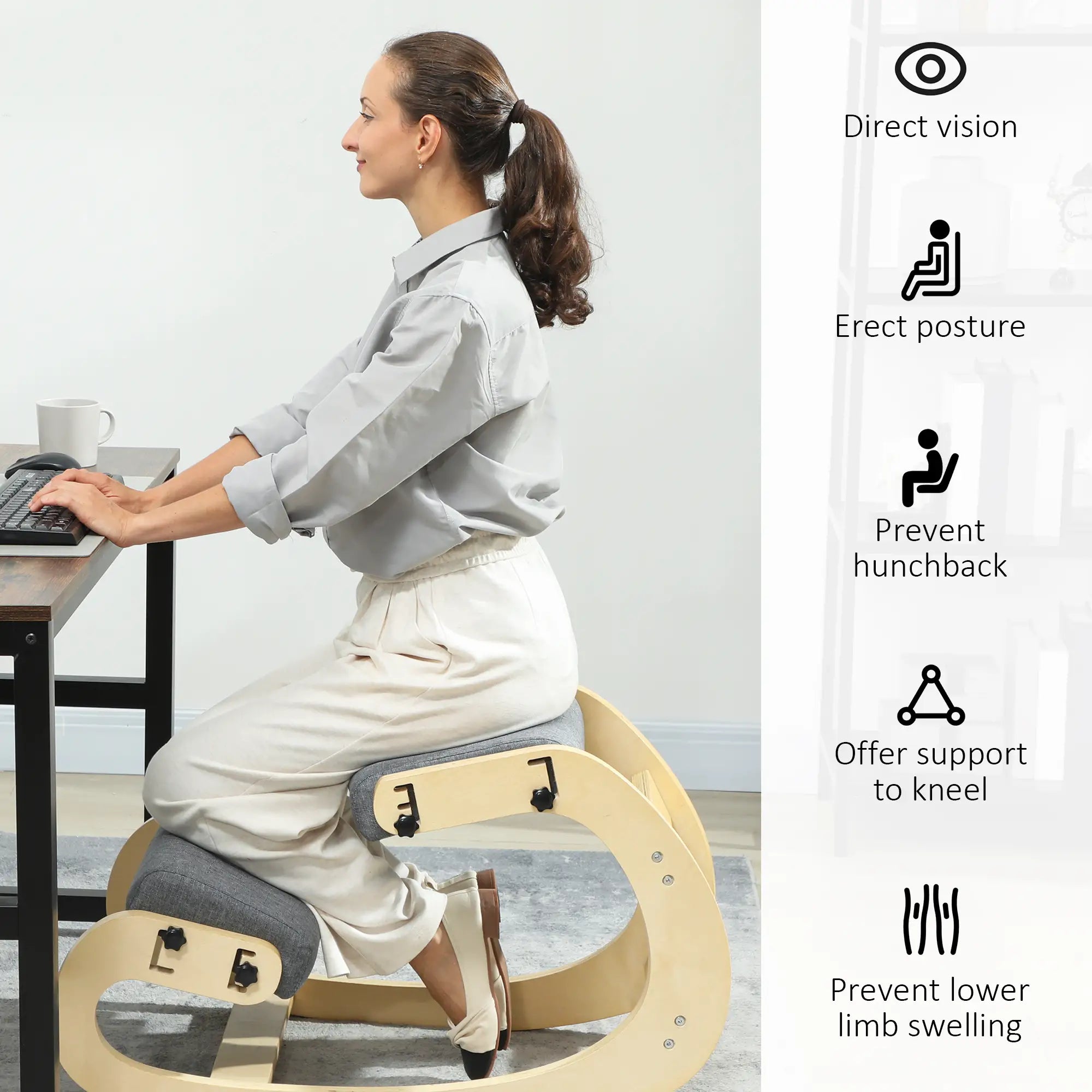Ergonomic Kneeling Chair, Adjustable Rocking Wood Stool, Grey Office Chairs at Gallery Canada