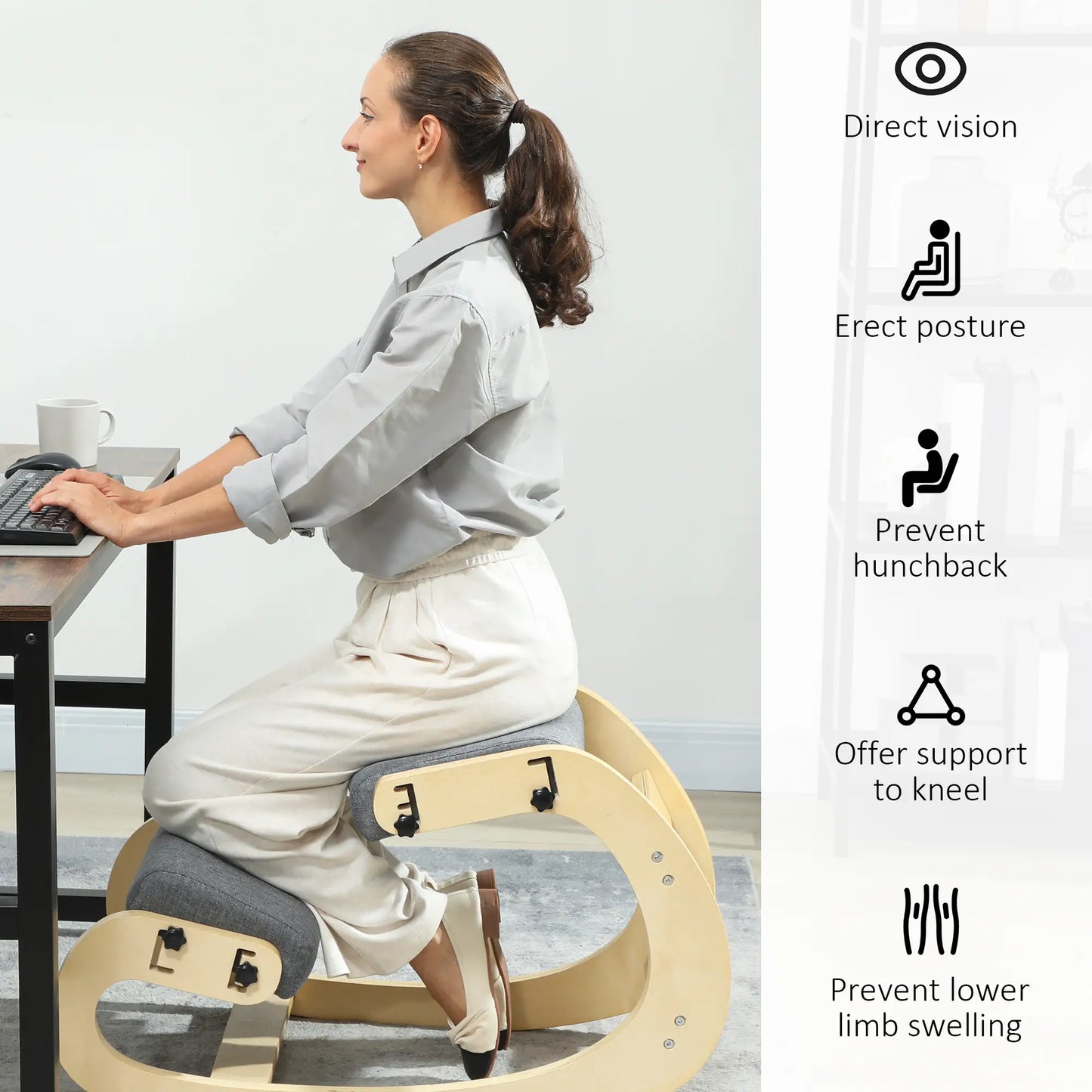 Ergonomic Kneeling Chair, Adjustable Rocking Wood Stool, Grey Office Chairs at Gallery Canada