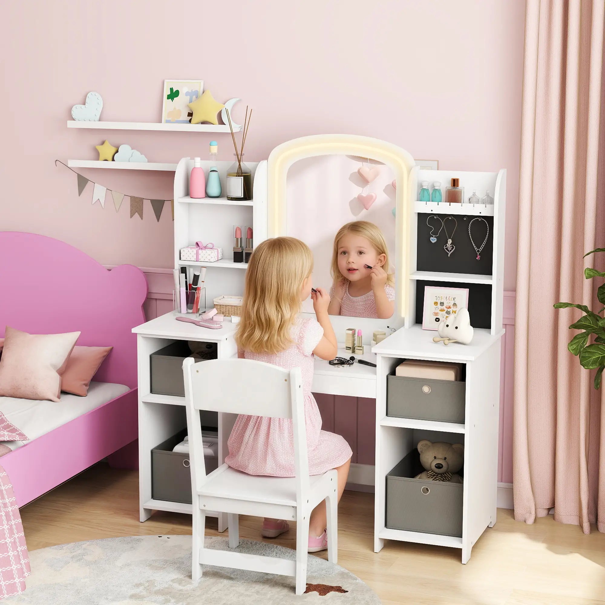 Kids Vanity Table And Chair Set With Lighted Mirror, White Kids Bedroom Furniture at Gallery Canada