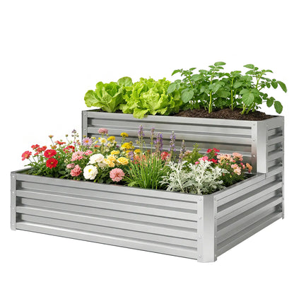 2 Tier Galvanized Raised Garden Bed, Steel Planter Box, 47" x 40" x 23", Silver Galvanized Planter Boxes Silver at Gallery Canada