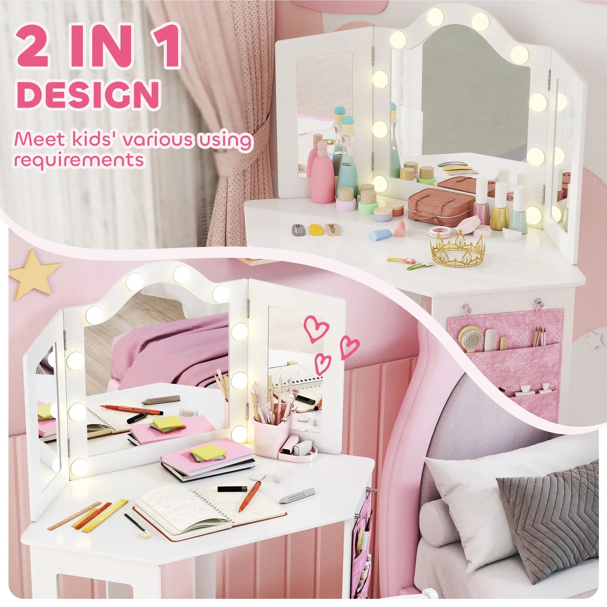 Kids Vanity Table and Chair Set with Lights, Tri-Fold Mirror, White Kids Bedroom Furniture at Gallery Canada