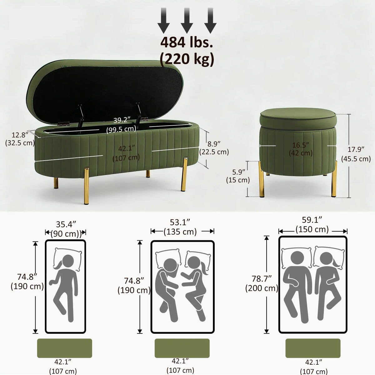 Upholstered Channel Tufted Ottoman Bench, Dark Green Storage Ottomans & Benches at Gallery Canada