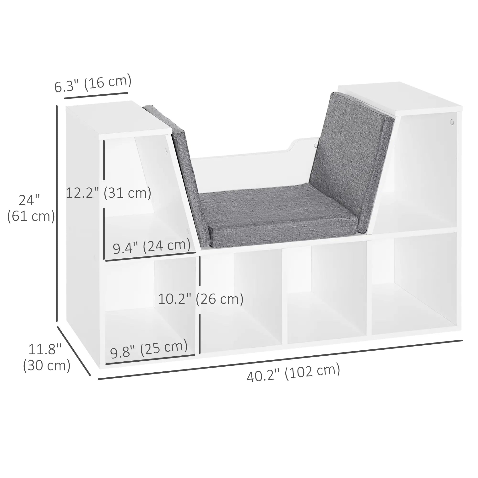 6-Cubby Bookcase with Seat Cushion, Cube Storage Shelf, Grey Small Bookshelves at Gallery Canada