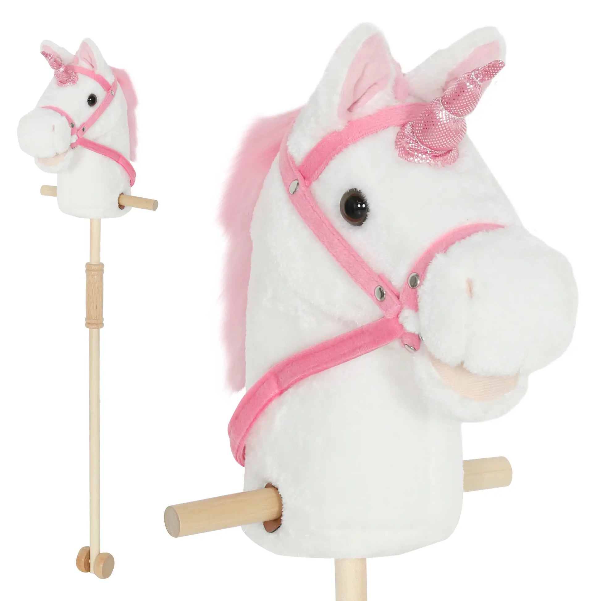 Unicorn Stick Horse, Plush with Wood Wheels, Neighing Sounds, White Rocking Horses at Gallery Canada