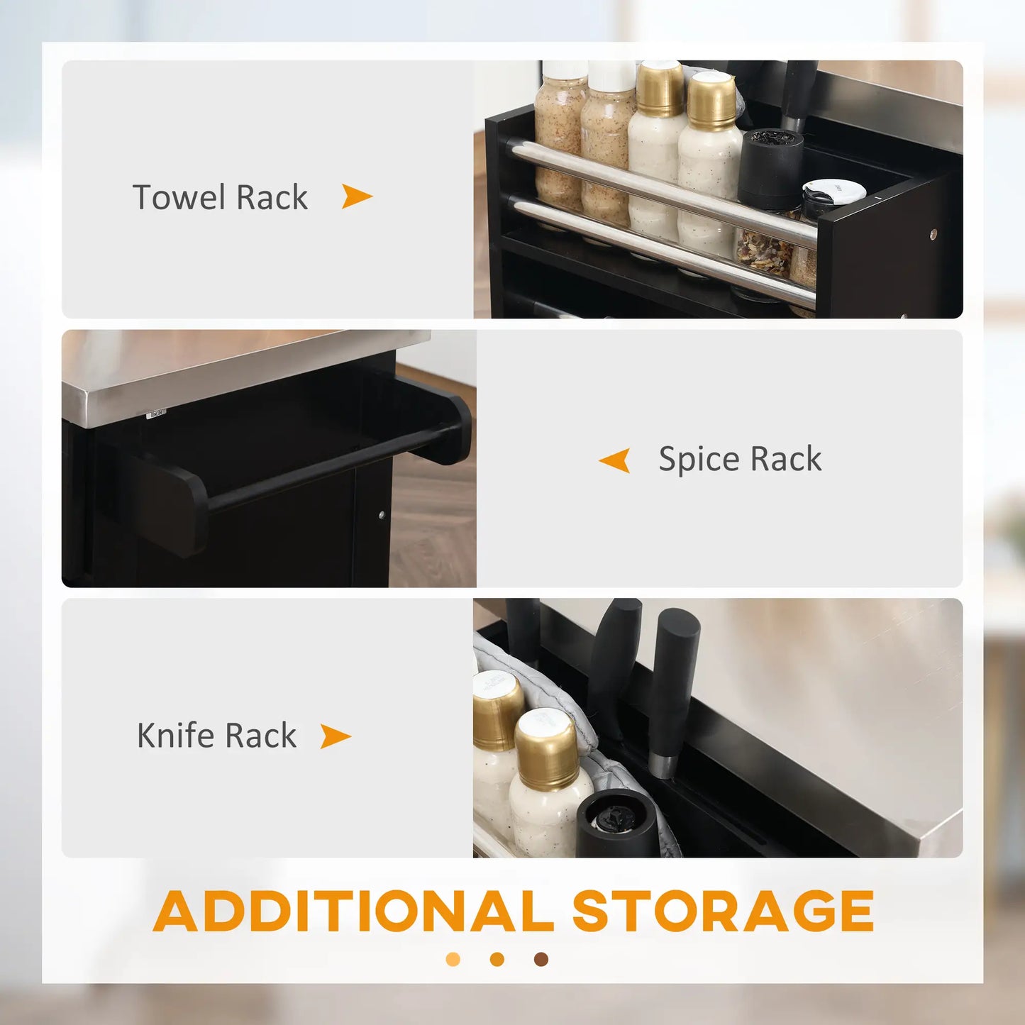 Rolling Kitchen Island with Storage and Stainless Steel Top, Kitchen Trolley with Drawers, Cabinets, Towel Rack Kitchen Islands & Kitchen Carts at Gallery Canada