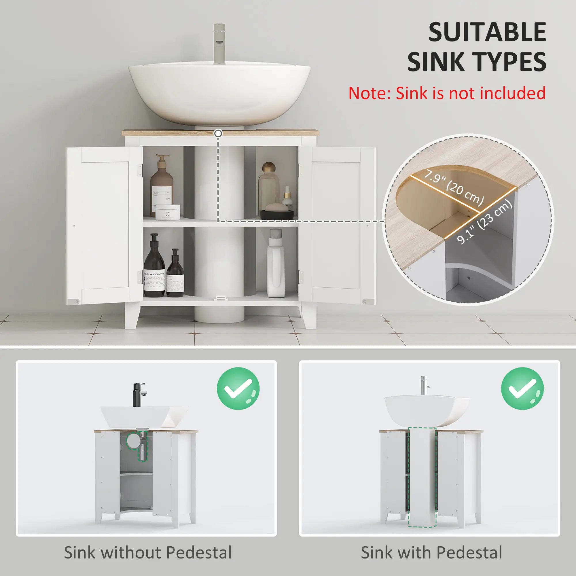 Bathroom Sink Vanity Unit, U-Shape Design, Adjustable Shelf, White Bathroom Cabinets at Gallery Canada