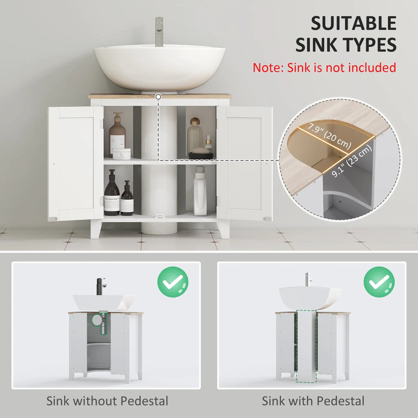 Bathroom Sink Vanity Unit, U-Shape Design, Adjustable Shelf, White Bathroom Cabinets at Gallery Canada
