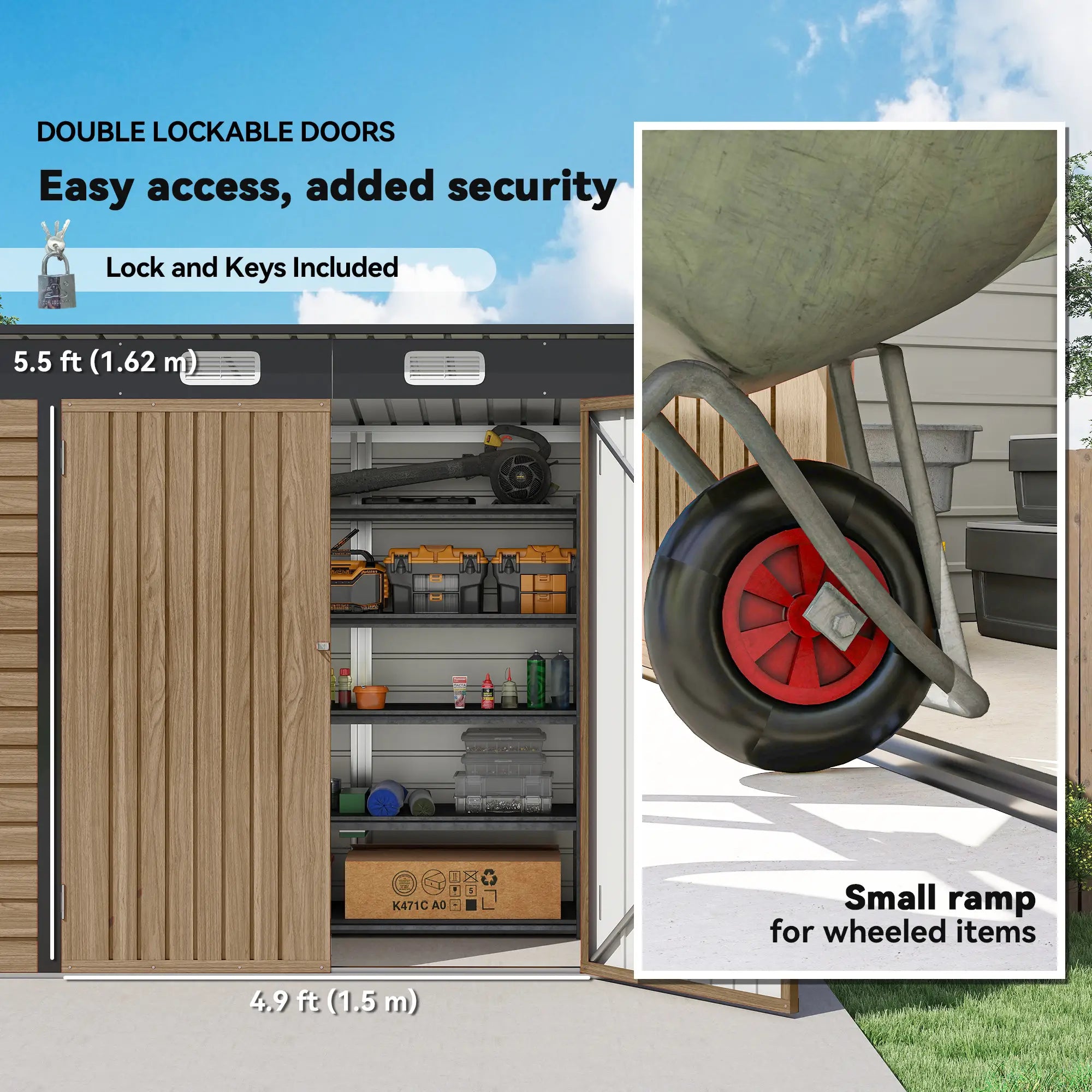 8 x 4FT Galvanized Metal Garden Storage Shed, Double Doors, 2 Vents, Teak Sheds at Gallery Canada