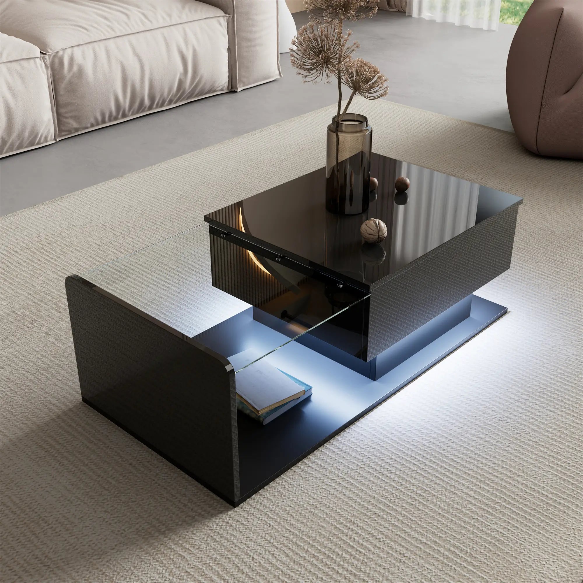 Coffee Table, Tempered Glass Top, LED Light, Adjustable Height, 39.5