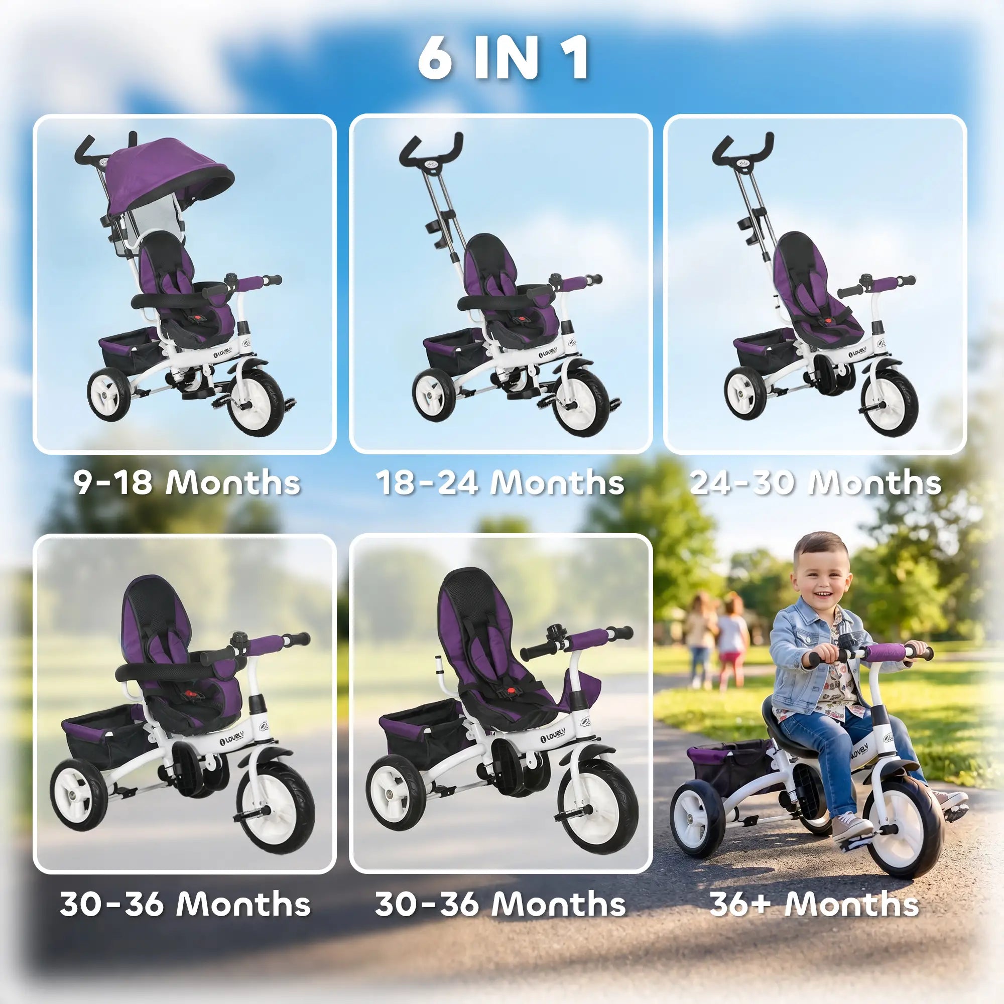 6 in 1 Toddler Tricycle Stroller, Basket, Canopy, 5-Point Harness, 12-60 Months, Purple Tricycles for Kids at Gallery Canada