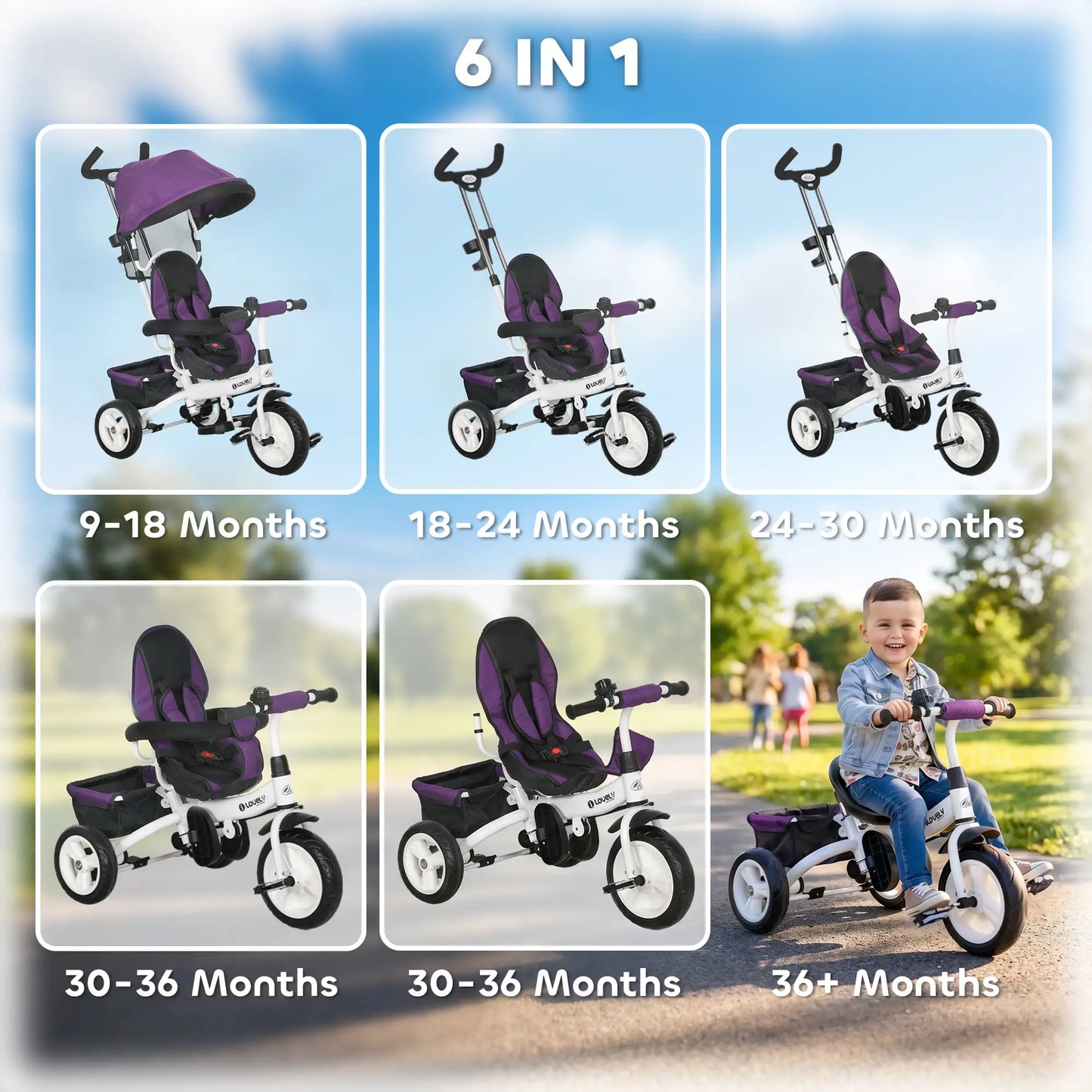 6 in 1 Toddler Tricycle Stroller, Basket, Canopy, 5-Point Harness, 12-60 Months, Purple Tricycles for Kids at Gallery Canada
